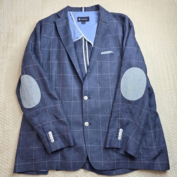 Cremieux Other - Cremieux Mens XXL Blue Windowpane 100% Linen Blazer Elbow Patches Sport Coat